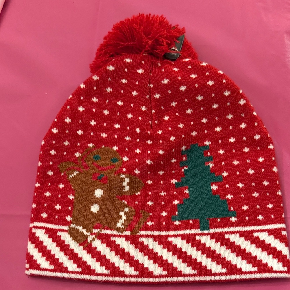 Festive Red Beanie with Gingerbread Design